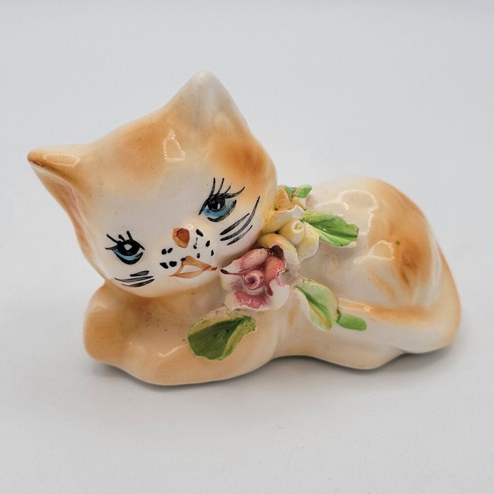 VintageSweet Kitty Cat Ceramic Figurine with Applied Flowers